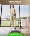 Cordless Vacuum Cleaner With 450W Motor And 40KPa Suction demonstrating power on hardwood floor with pet and owner