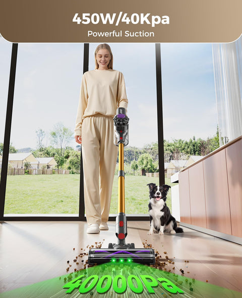Cordless Vacuum Cleaner With 450W Motor And 40KPa Suction demonstrating power on hardwood floor with pet and owner