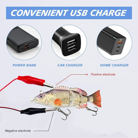 Go To Auto Swimming Lure 3.9 Inch USB Rechargeable LED Swimbait with jointed segments and charging cables shown