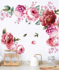 3D Peony Flower Wall Decals Peel And Stick Removable Wall Art For Kids Room Nurseries Classrooms Living Room Bedroom Home Decor Mural Set Easy Peel And Stick Design Vibrant Pink Petals For Fresh Cozy Interiors displaying vibrant pink peonies and green leaves on a wall above a kitchen counter