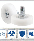 Pack Of Twelve 1 Inch Drawer Slide Roller Wheels Slick Gliding Pom Nylon Construction With Stainless Steel Threads close-up view with roller and threaded stud.