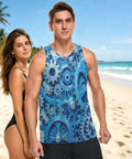 Sick Pattern Mens Hella Breathable Mesh Tank Top With Secure Hidden Pocket And Bold Blue Gears Design worn by a man at the beach.