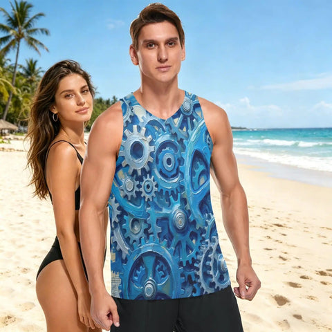 Sick Pattern Mens Hella Breathable Mesh Tank Top With Secure Hidden Pocket And Bold Blue Gears Design worn by a man at the beach.