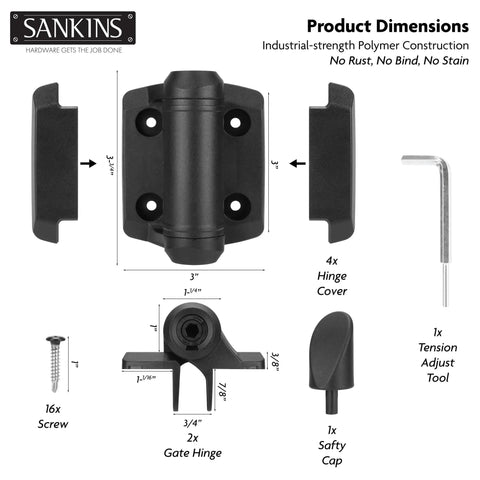 Heavy Duty Self Closing Gate Hinges With Adjustable Spring Tension dimensions and components in black finish