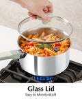 Heavy Duty 2 Quart Stainless Steel Saucepan With Lid 18 10 Cookware Pot on stovetop with glass lid and pasta inside.