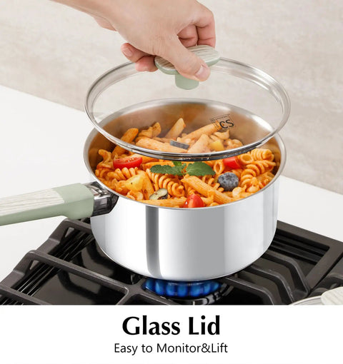 Heavy Duty 2 Quart Stainless Steel Saucepan With Lid 18 10 Cookware Pot on stovetop with glass lid and pasta inside.