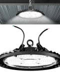 Badass 200W Led High Bay Produces Hella Bright 29000 Lumens At 4000K With Smooth 0-10V Dimming, black aluminum lamp with attached wiring.