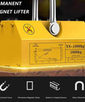 Heavy Duty Permanent Magnetic Lifter Delivering Knockout Grip For Two Thousand Kilogram Steel Plates And Workshop Block Handlers close-up on a yellow magnet with lifting specs.