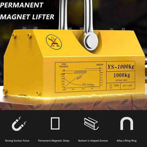Heavy Duty Permanent Magnetic Lifter Delivering Knockout Grip For Two Thousand Kilogram Steel Plates And Workshop Block Handlers close-up on a yellow magnet with lifting specs.