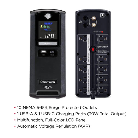Line-Interactive UPS Battery Backup And Surge Protector For Your Home Office And Gaming Rig, 1350VA/810W, LCD Display, 10 Outlets