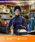 Person using Go-To Heavy Duty Propane Torch Kit With Trigger Start Igniter in a workshop setting for welding tasks.
