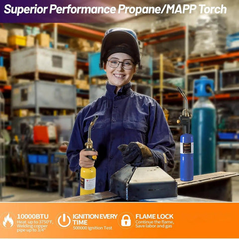 Person using Go-To Heavy Duty Propane Torch Kit With Trigger Start Igniter in a workshop setting for welding tasks.