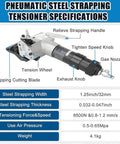 Heavy-Duty Pneumatic Steel Strapping Machine With Integrated Tensioner And Cutter specifications and features display.