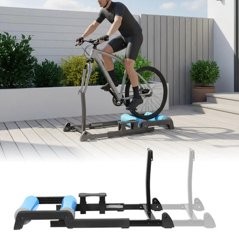 Person using Indoor Bike Trainer Roller with Foldable Platform and Anti Slip Base, Detachable Quick Release, on patio