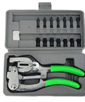 1 Ton Power Hole Punch Kit with 7 Die Sizes in case, visible green handles and die assortment for sheet metal and DIY repairs
