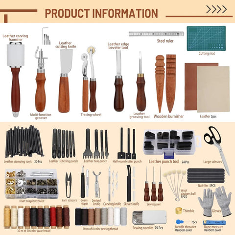 Pro Grade Leather Working Tools Kit With Double Layer Storage Box All In One DIY Stamping Cutting Engraving Punching Sewing Set For Leather Craft Hobbyists And Professionals displayed with various tools and accessories.