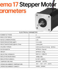 Front view of Nema 17 stepper motor with silver mounting plate, black body, exposed shaft and 4-lead cable.