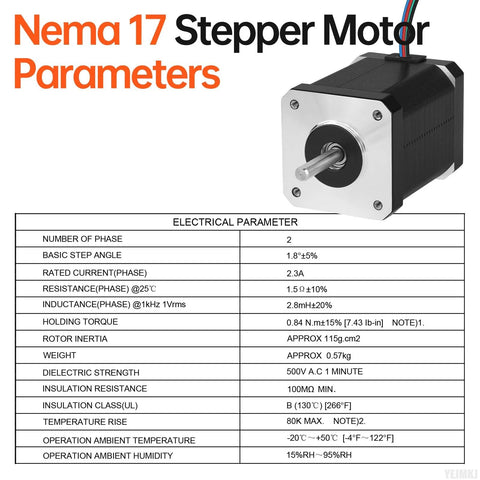 Front view of Nema 17 stepper motor with silver mounting plate, black body, exposed shaft and 4-lead cable.