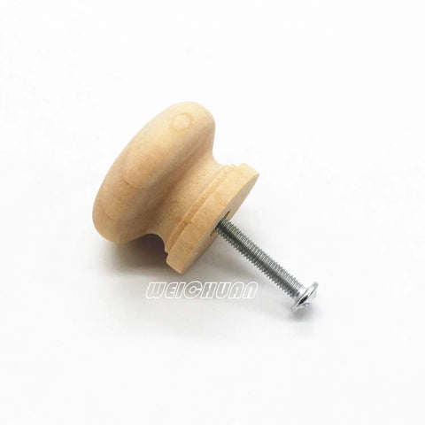 30 Pack Unfinished Solid Round Natural Wood Cabinet Knobs Do It Yourself Drawer Pulls, showing one knob with screw included