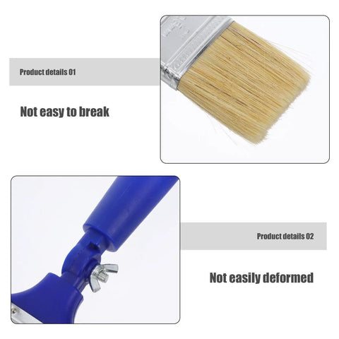 Close-up of adjustable 2 inch flat tip paint brush bristles and 270 degree angled handle for walls and wood decks