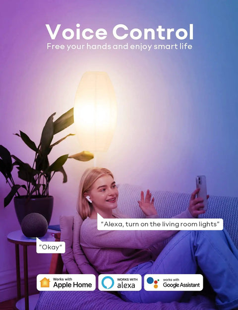 Woman using Smart RGBW BR30 Flood WiFi LED Bulb for smart home setup with Alexa voice control on a couch