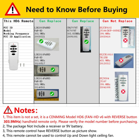 Replacement Ceiling Fan Remote Control 303.9MHz compatibility chart with warning notes and examples of compatible remotes
