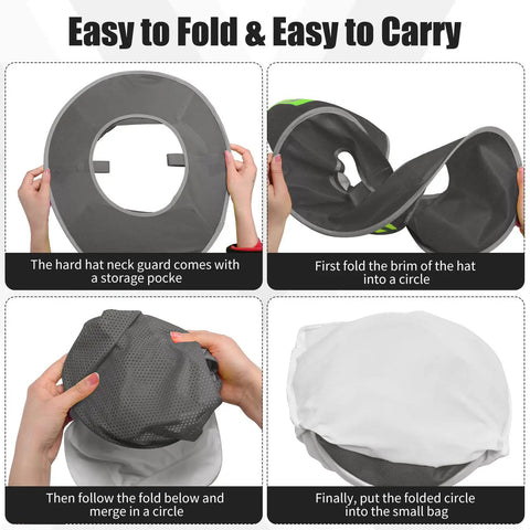 Demonstration of folding 9 Piece Hella Solid Hard Hat Sun Shade With Reflective Strip And Full Brim Mesh Neck Cover for storage.