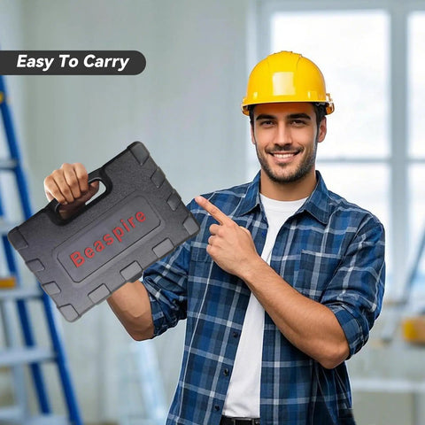 Person holding Cordless Drill Rivet Nut Tool Kit With 10 Mandrels And 50 Assorted Rivet Nuts in a rugged carrying case.