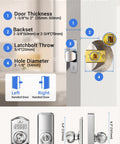 Heavy Build Satin Nickel Keypad Door Knob Lock Keyless Entry Handle installation guide with dimensions and fit details.