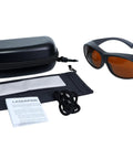 Top Shelf OD7 Laser Protection Safety Glasses For 532nm 755nm 1064nm paired with case and accessories on a white background.