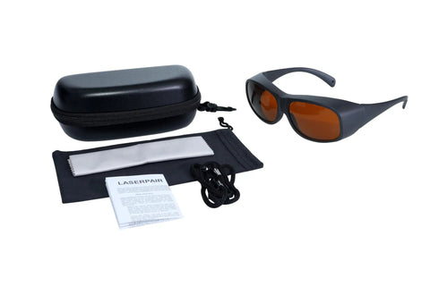 Top Shelf OD7 Laser Protection Safety Glasses For 532nm 755nm 1064nm paired with case and accessories on a white background.