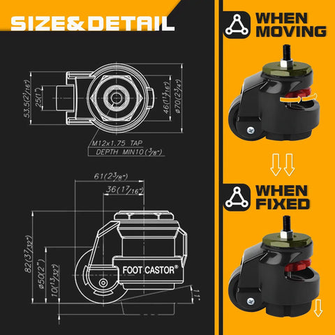 Heavy Duty Leveling Casters With M12 Stem Mounts, Shock Absorbing Rubber Treads, Smooth Rolling Swivel Wheels For Moving Heavy Gear size and detail diagram