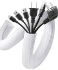 White Cable Sleeve Kit, 2 Pack, 5ft Each, 0.75 to 1.2 Inch Diameter Wire Management Tubes showing cords neatly bundled