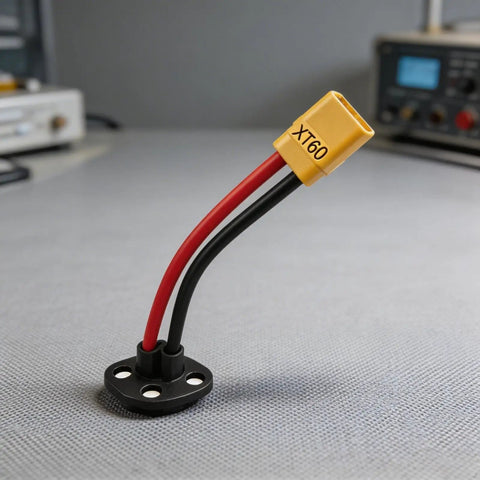 High Performance Xt60 Male To 3 Pin Power Socket Adapter With Nickel Plated Brass Contacts installed on a black base, showing red and black wires.