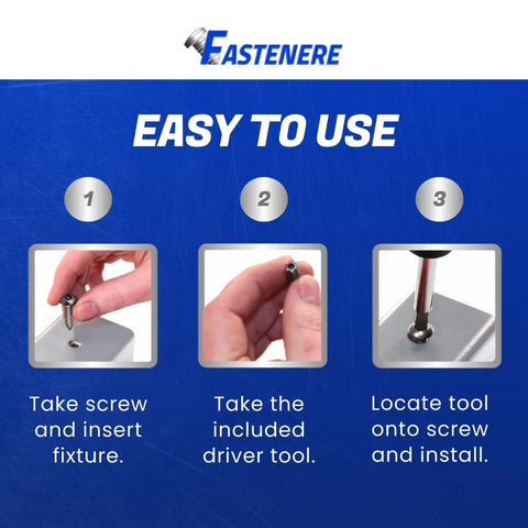 Tamper Resistant Torx Security Screws For Sheet Metal installation steps with hand inserting screw using driver tool.
