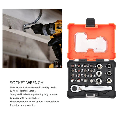 Versatile Socket Wrench Set with case, S2 steel tools for home garage DIY projects, shown with electric drill and deck screws.