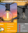 Comparison of shatterproof LED G40 bulbs from Bold 25 Foot Solar Powered String Lights Outdoor Waterproof with fragile bulbs.