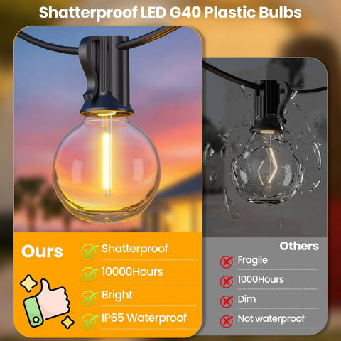 Comparison of shatterproof LED G40 bulbs from Bold 25 Foot Solar Powered String Lights Outdoor Waterproof with fragile bulbs.