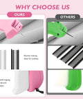 Comparison of pink vs green clothing stitch guns with 6 needles and 4,000 fasteners, showing smaller holes and lightweight design.
