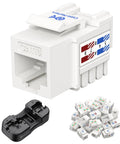 Close-up of 25 Pack Cat6 Keystone Jacks 10Gbps RJ45 Ethernet Modular Jacks White With Punch Down Stand For Patch Panels And Wall Plates