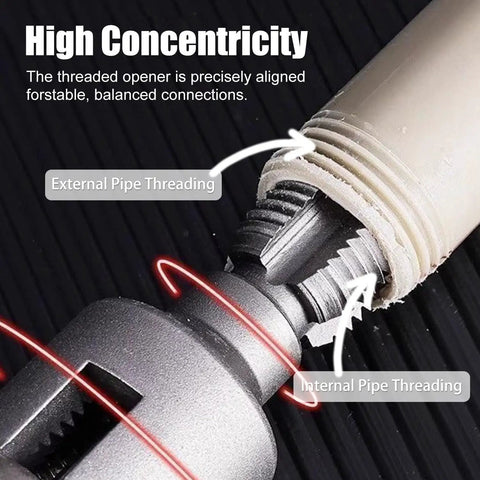Drill Powered PVC Pipe Threader Dual Function Internal And External Threads tool threading PVC pipe close-up view
