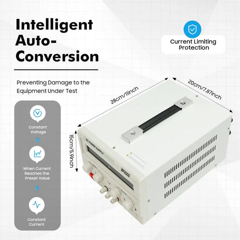 Variable DC Power Supply 0 To 30V 0 To 20A Bench Power Source With Precise Output And LED Readout Real Time Voltage And Current Monitor For Prototyping DIY Electronics Lab Testing And Hands On Projects, white metal unit with current limiting
