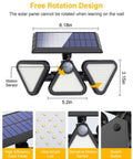 Solar Lights Outdoor Waterproof 180 LED 3 Heads Motion Sensor Flood Lights With 270 Degree Wide Angle For Front Door Yard Garage Wall 2 Pack A No Brainer For Security And Pathway Lighting with dimensions and motion sensors shown.