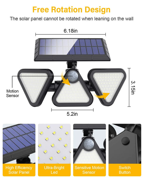Solar Lights Outdoor Waterproof 180 LED 3 Heads Motion Sensor Flood Lights With 270 Degree Wide Angle For Front Door Yard Garage Wall 2 Pack A No Brainer For Security And Pathway Lighting with dimensions and motion sensors shown.