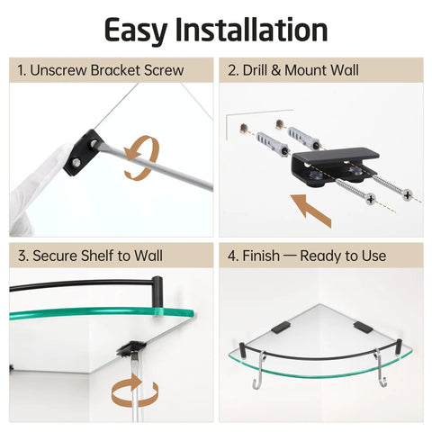 Installation steps for tempered glass corner shelf with rail mount two pack no fuss rustproof matte black stainless steel 304 wall shelf