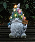 Epic Outdoor Solar Gnome Garden Statues With 10 Warm White LEDs, hand-painted, resin, 4.5x5.5x9 inches, Welcome sign, night view