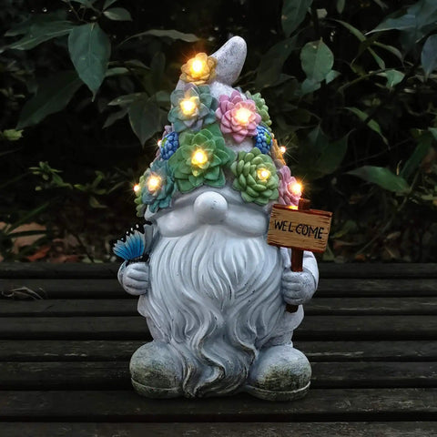 Epic Outdoor Solar Gnome Garden Statues With 10 Warm White LEDs, hand-painted, resin, 4.5x5.5x9 inches, Welcome sign, night view