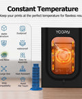3D Printer Enclosure With Dustproof Tent And Constant Temperature Control, orange light inside, benefits infographic on the side