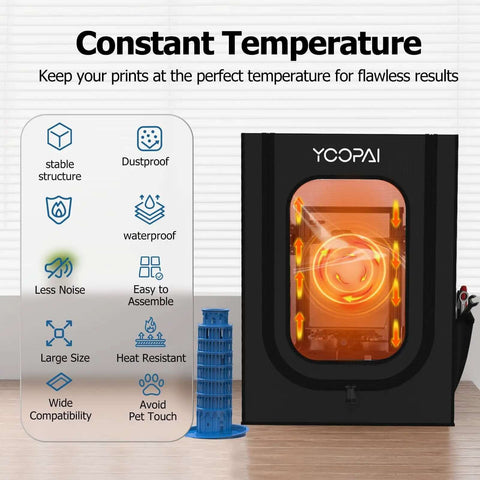 3D Printer Enclosure With Dustproof Tent And Constant Temperature Control, orange light inside, benefits infographic on the side