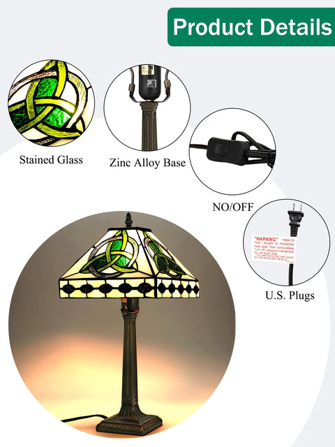 Irish Tiffany Style Table Lamp with stained glass shade, bronze metal base, E26 bulb holder, suitable for bedroom decor.